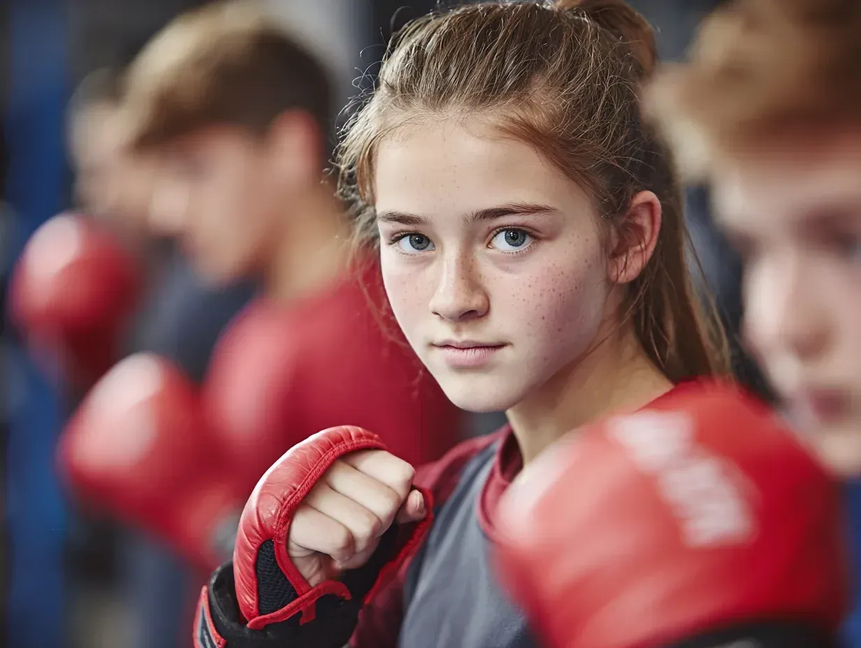 Girl in red boxing gloves, looking toward the camera, in a boxing gym, with others in the background.