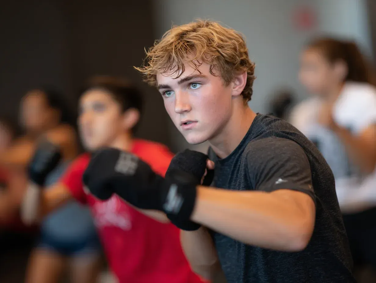 Blond-haired person shadowboxing in a gym, black hand wraps, focused expression, others in background.