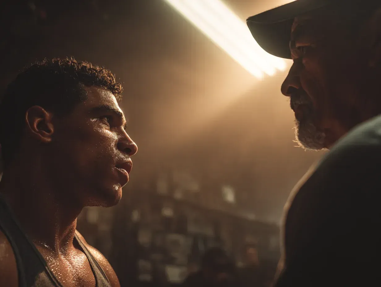 Boxer facing coach in a dimly lit boxing gym. Both men have intense expressions. Sweat is visible.
