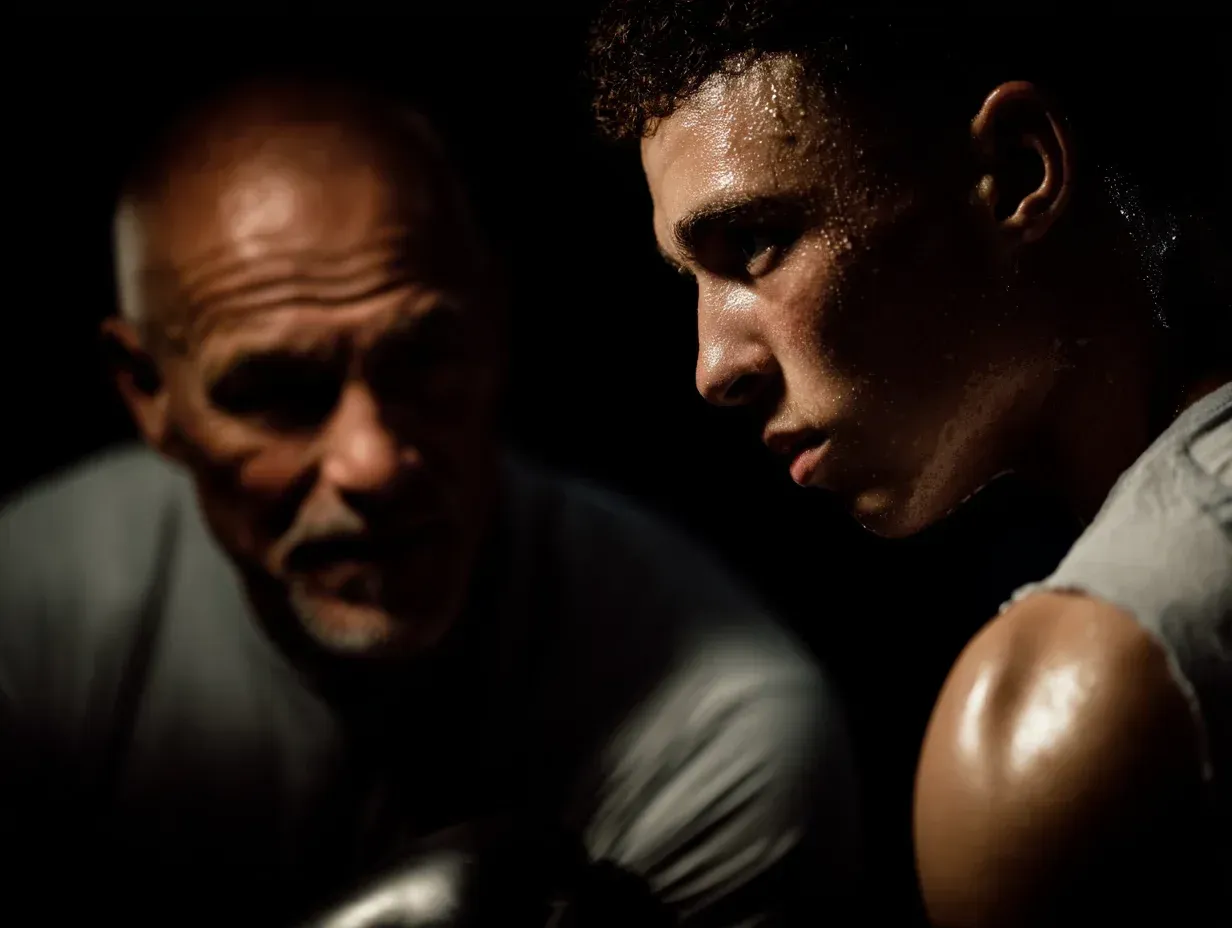Boxer and coach in a dark setting, looking at each other intently. The boxer is sweaty.