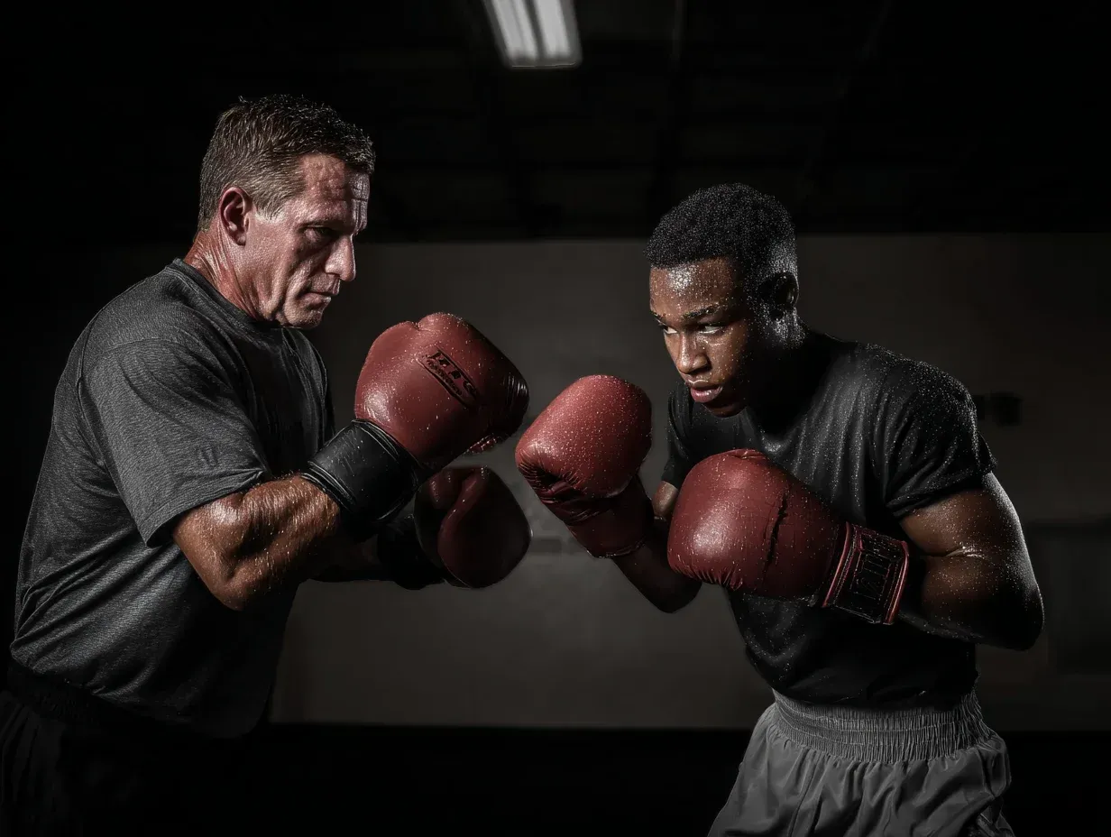 Two people in boxing gloves practicing in a dimly lit boxing gym.