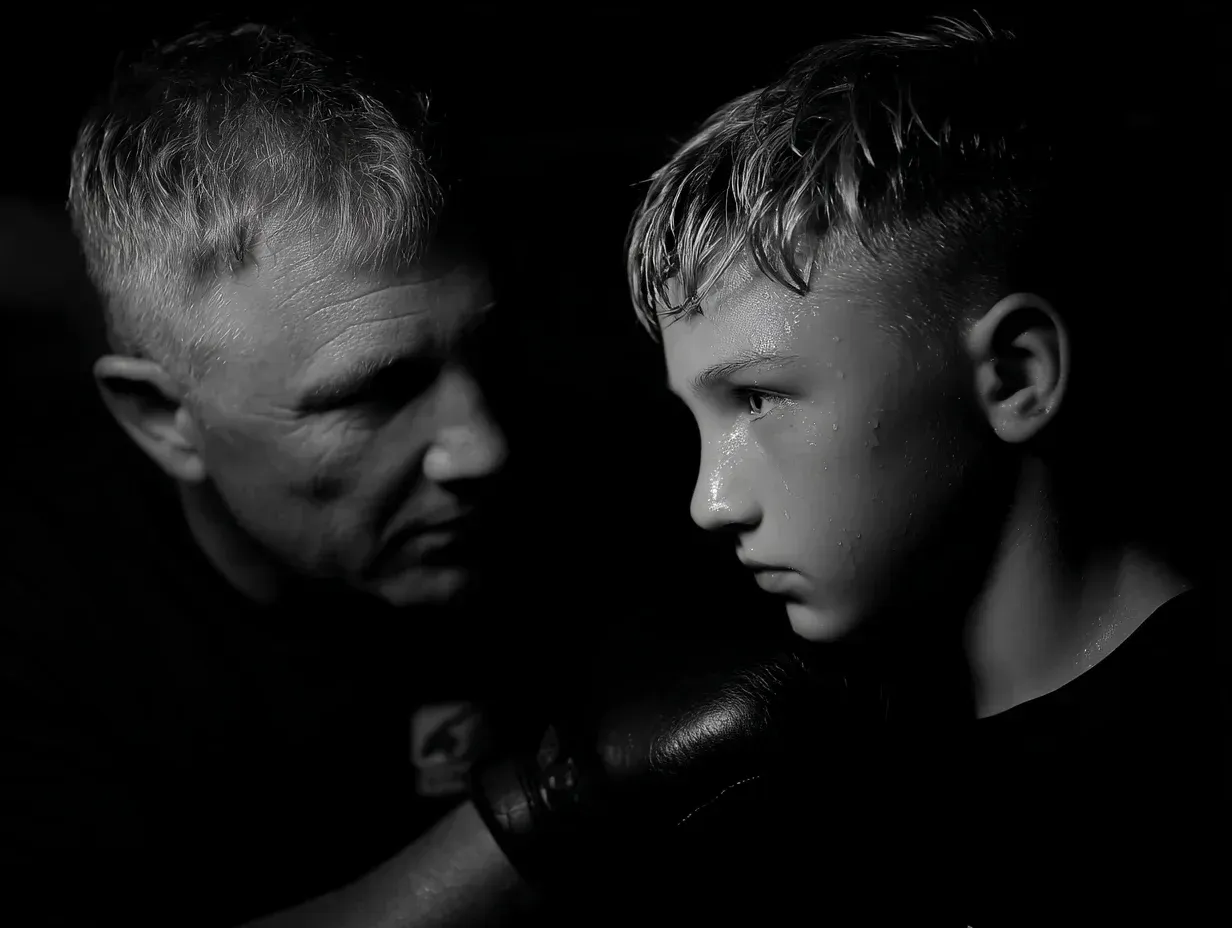 Man looks intently at a young person in a boxing stance. They appear in a darkened setting, faces sweaty.