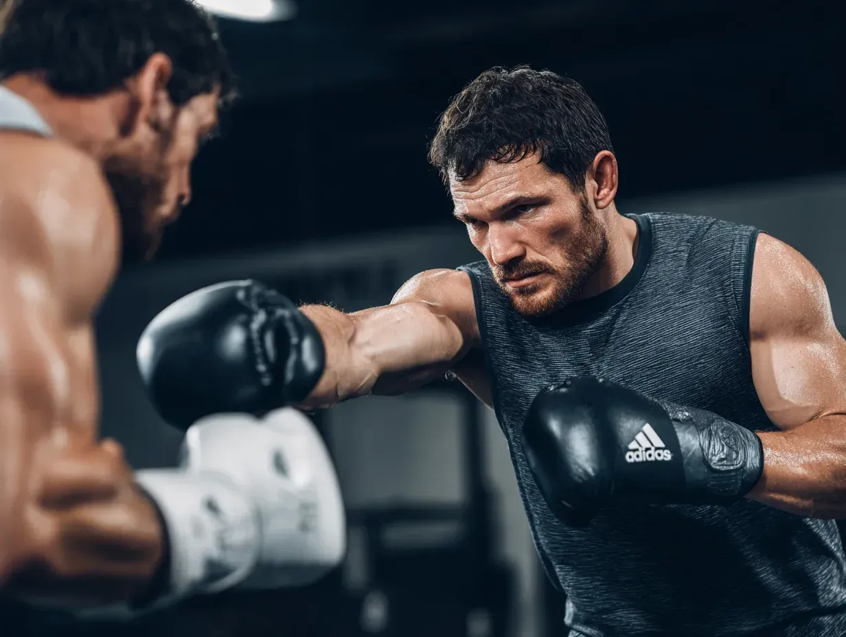 Boxer throwing a punch at another in a gym, wearing black gloves.
