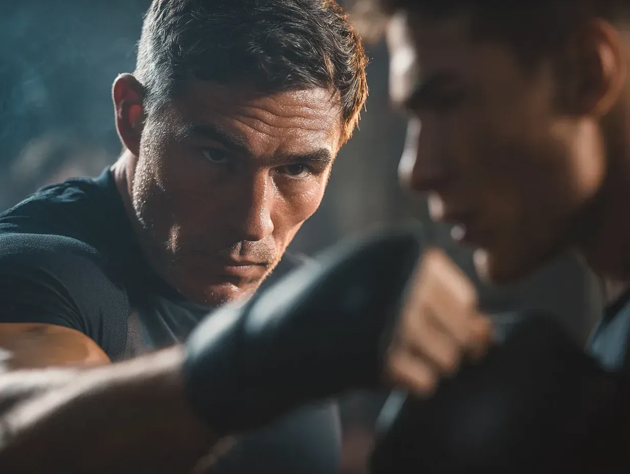 Man coaching another man with boxing gloves, in a dim gym, focused expressions.