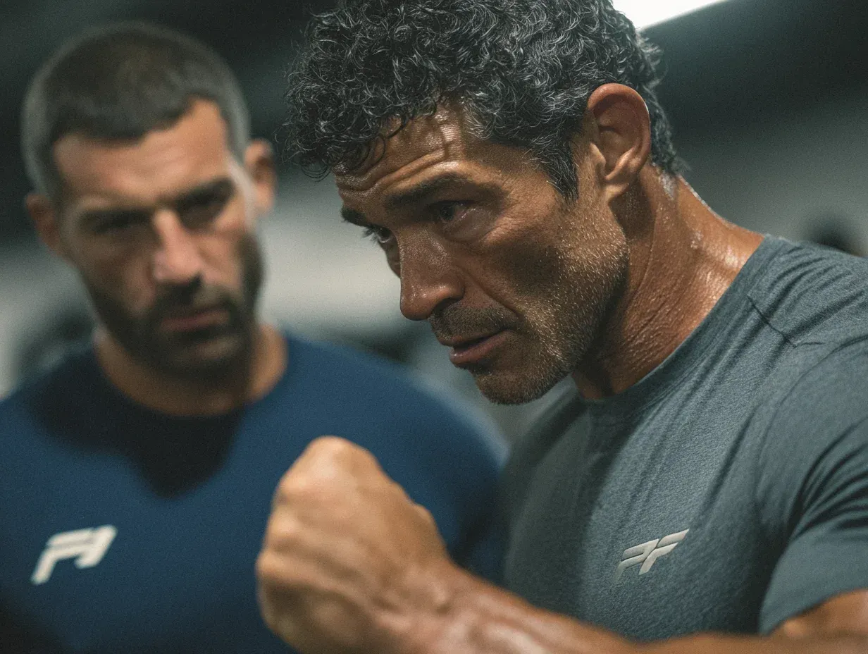 Man with clenched fist, sweating, with a focused expression, next to another man, possibly a coach, in a gym.