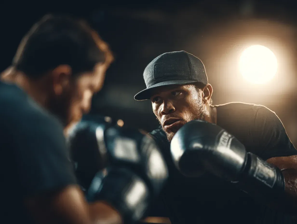 Boxer in a dark gym, wearing a cap, sparring with another boxer.