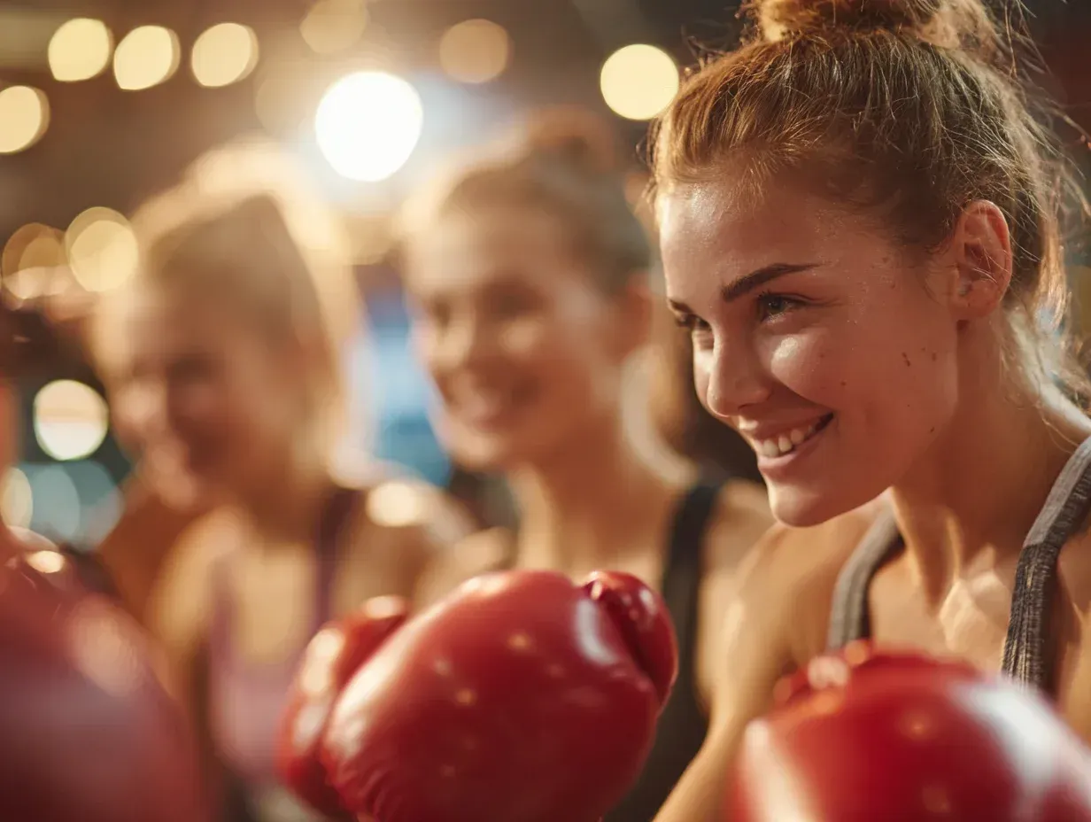 Women in boxing gloves, smiling in a gym setting.