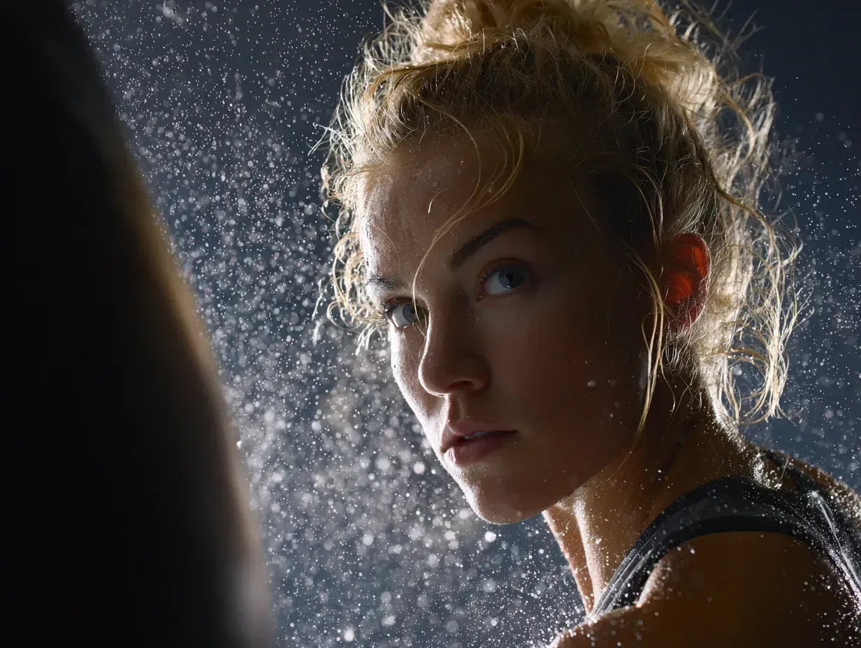 Woman with wet hair, looking focused, lit by a spotlight with water droplets visible.
