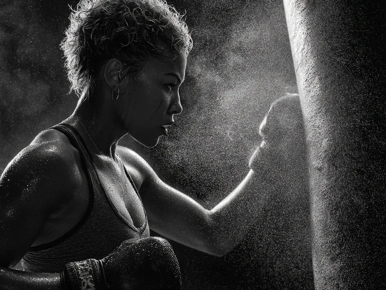 Boxer hitting heavy bag, sweat flying, indoor training.
