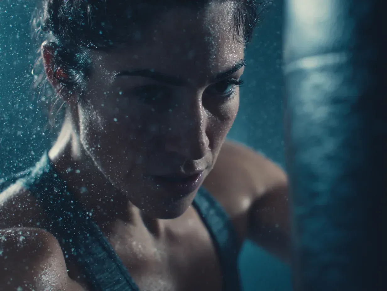 Woman boxing, sweaty face, punching bag, indoor gym, focus and determination.