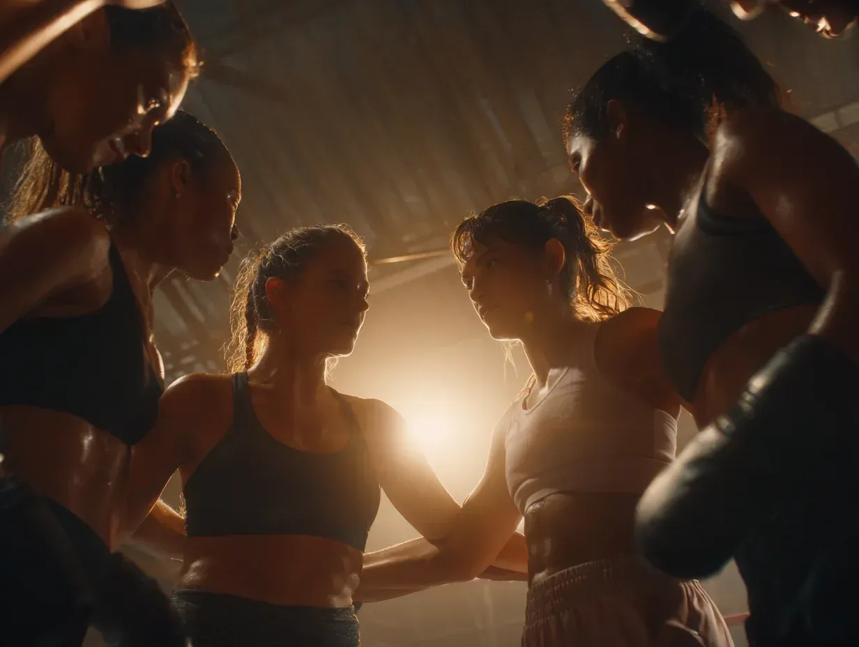 Women in athletic attire huddled in a circle, arms around each other, sweat glistening under bright lights.