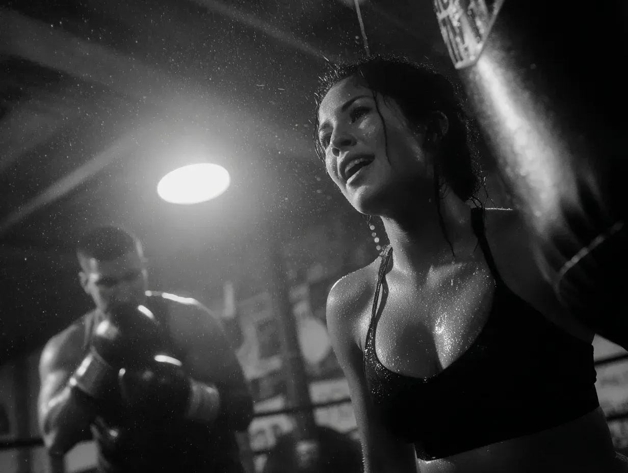 Woman in boxing ring, sweaty, smiling; man in background, boxing gloves.