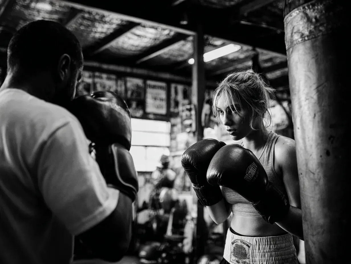 A woman boxes with a trainer in a dimly lit gym, wearing boxing gloves and determined.