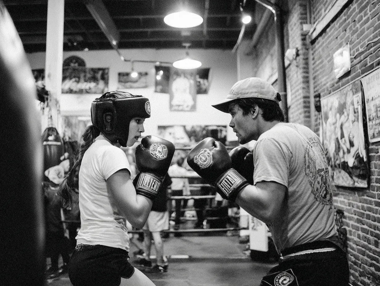 Boxers sparring in a gym. Woman in headgear and man in baseball cap face off, gloves up.