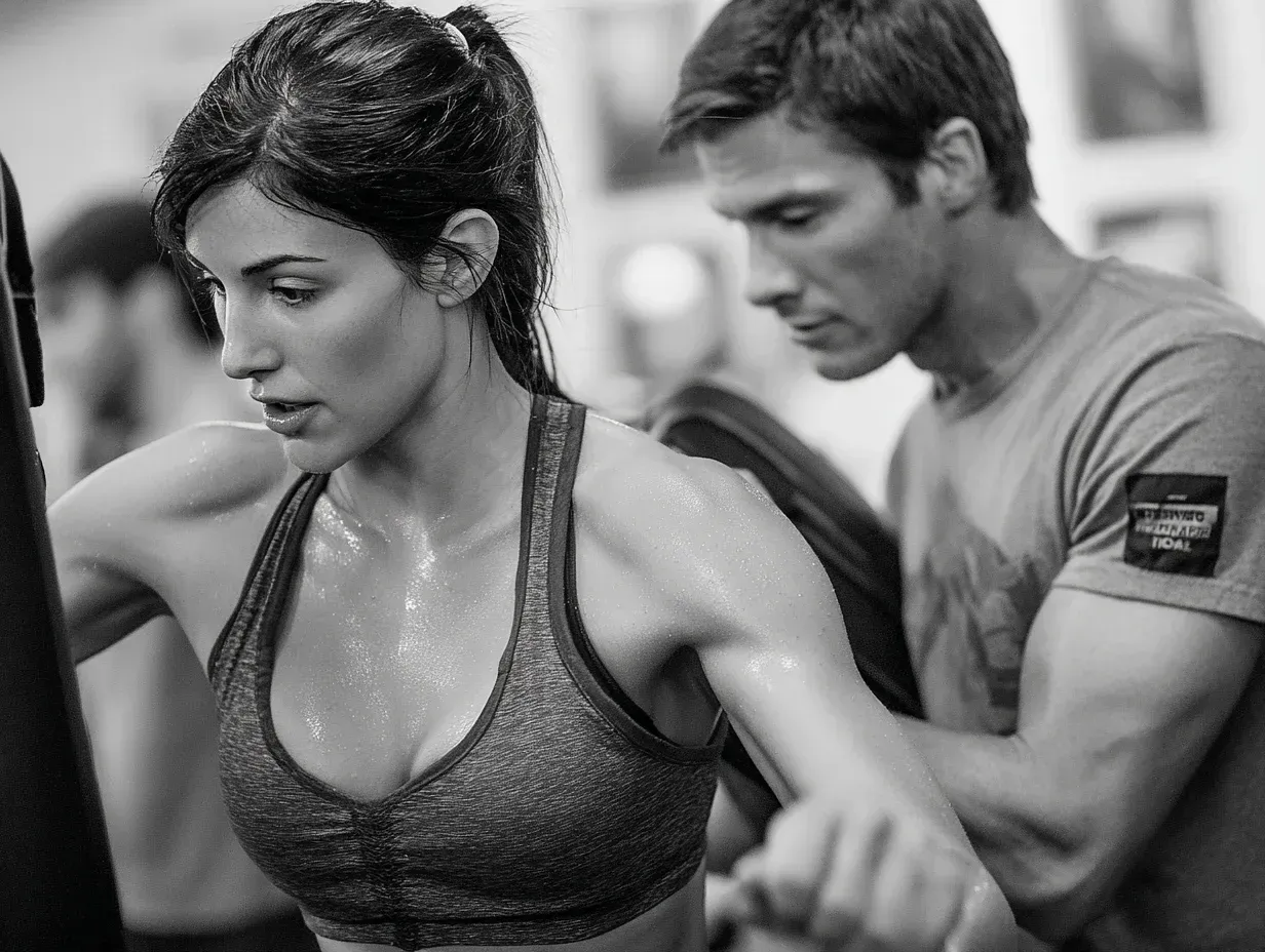 Woman exercising in a gym with trainer; both are sweaty.