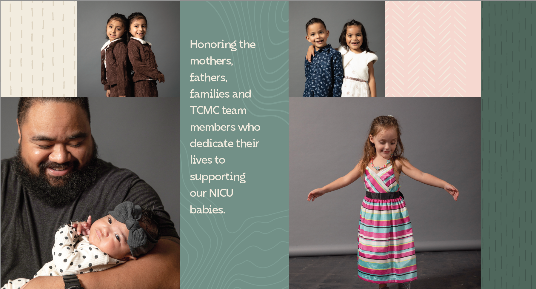Family members, including children and a father holding a baby, with supporting text.