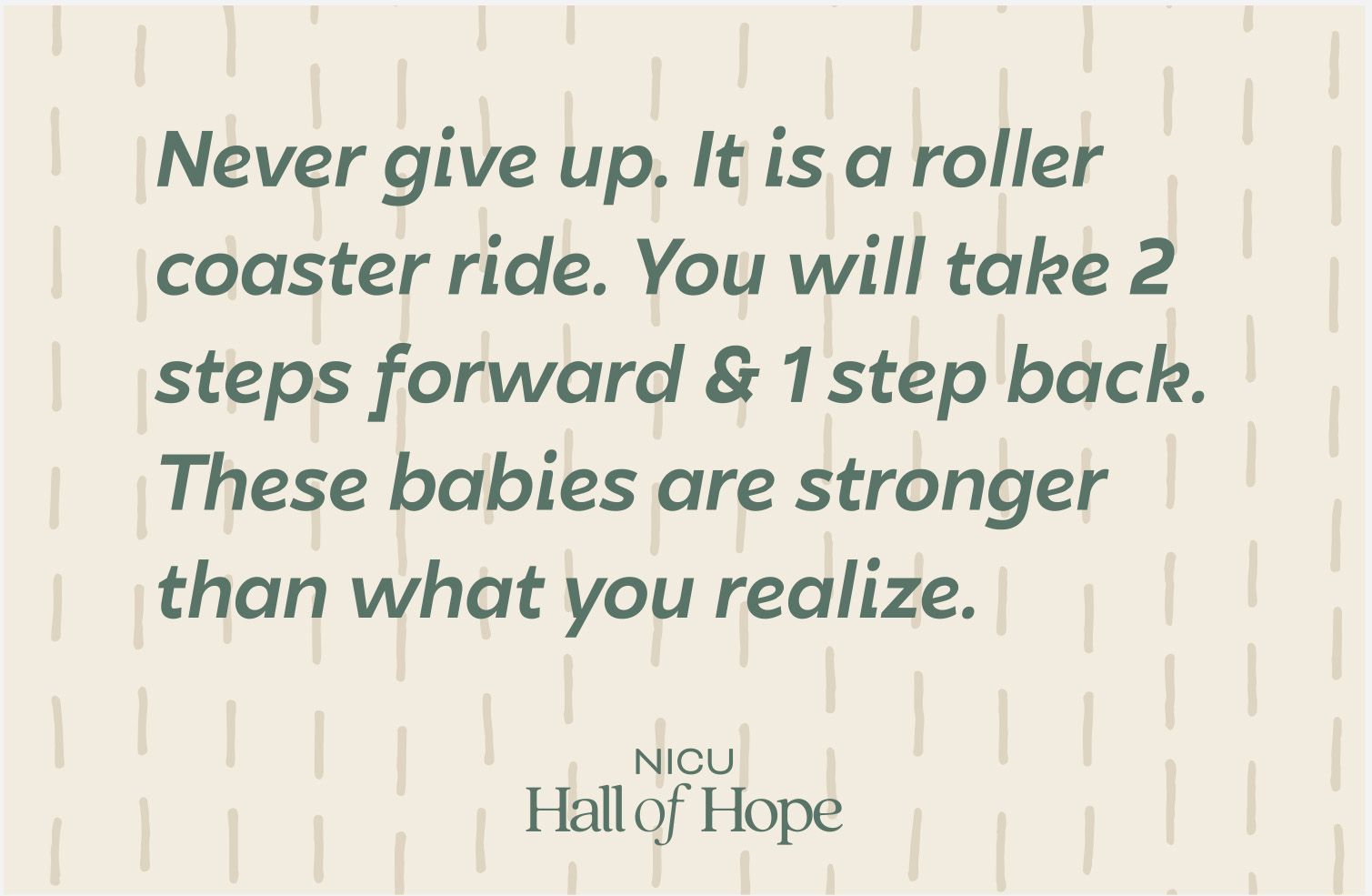 A motivational quote about perseverance, comparing life to a roller coaster with babies in the NICU.