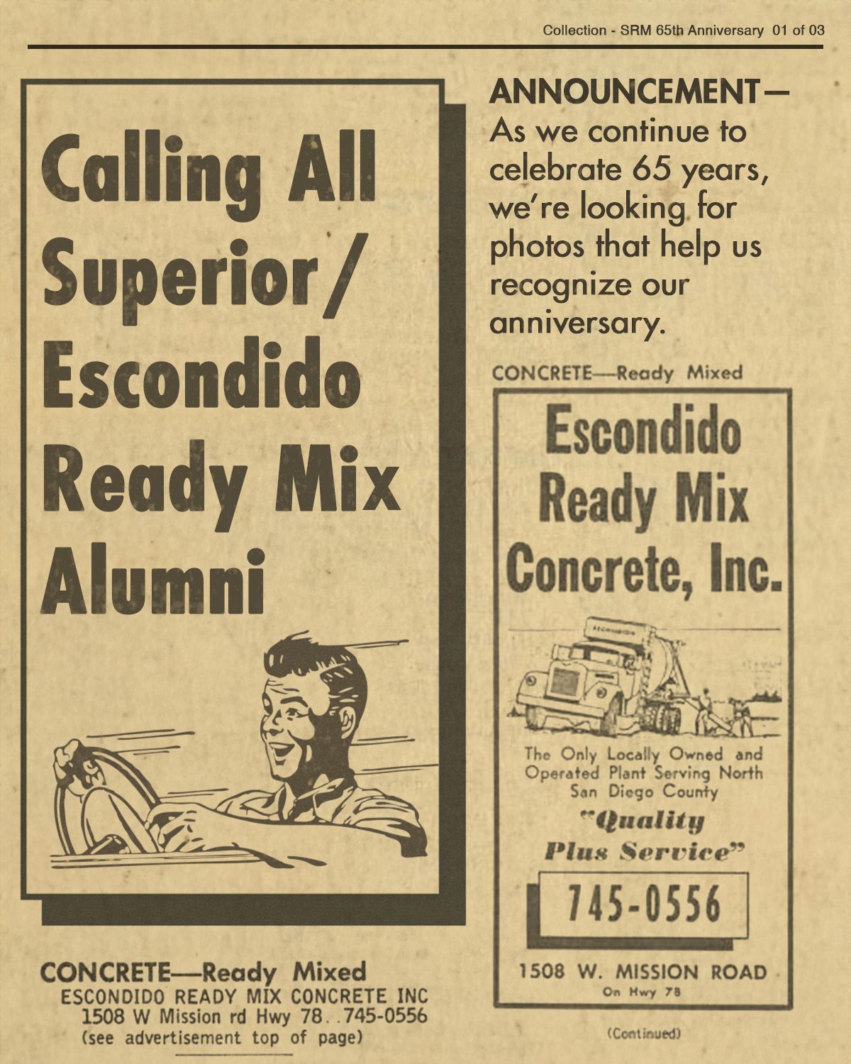 A newspaper ad for escondido ready mix alumni