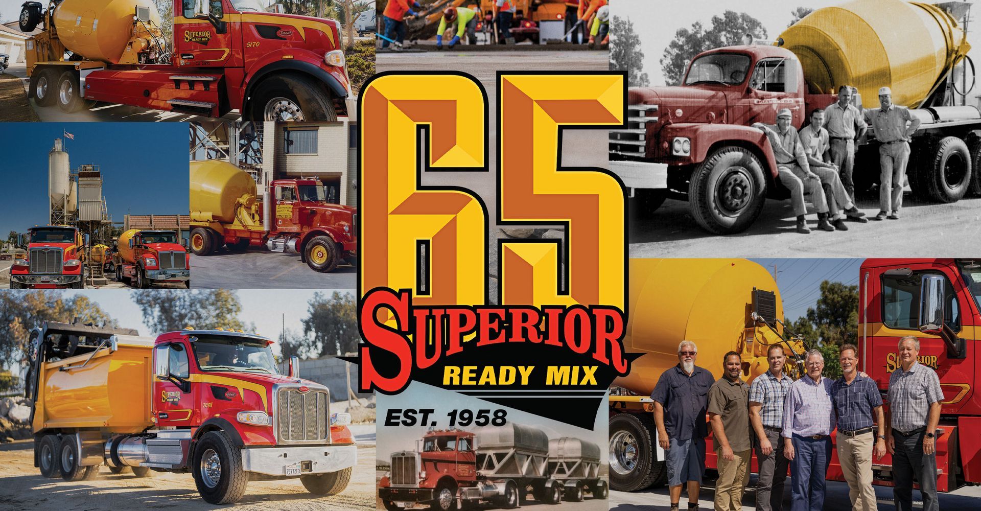 A group of men are standing in front of a sign that says 65 superior ready mix