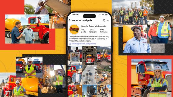 A collage of construction workers and industrial vehicles surrounding a central mobile phone screen showing an Instagram.