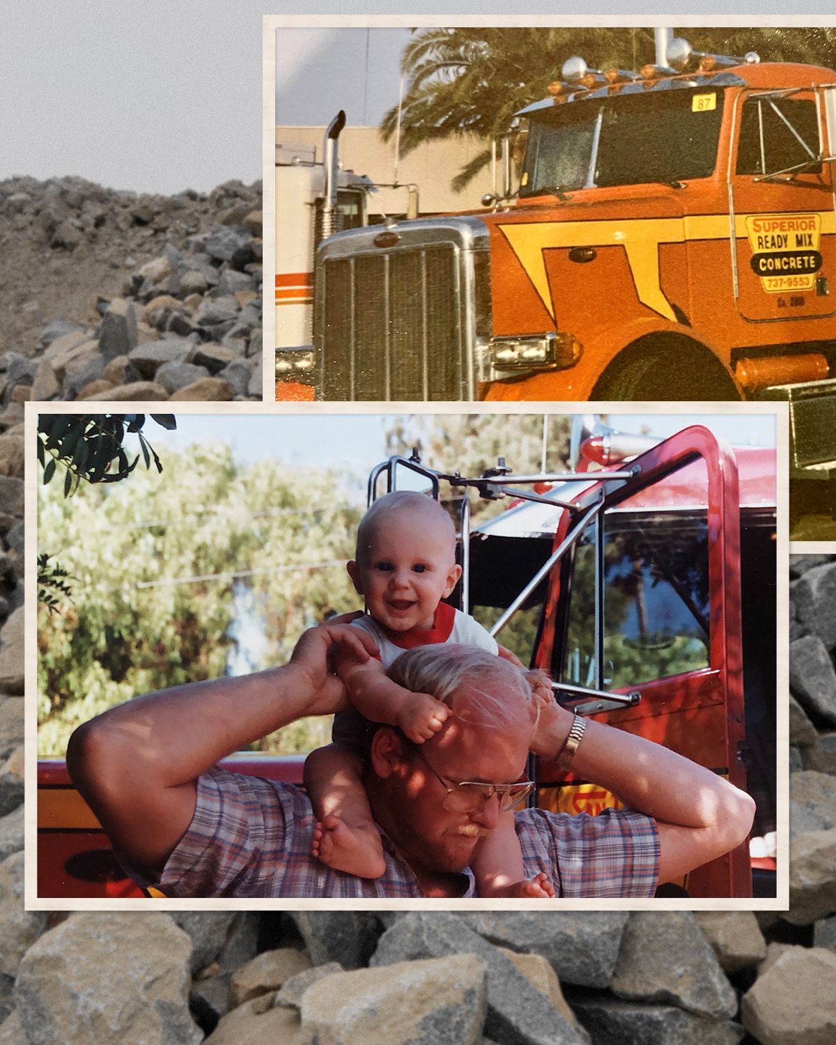 A man is holding a baby on his shoulders in front of a truck that says ' peterbilt ' on the side