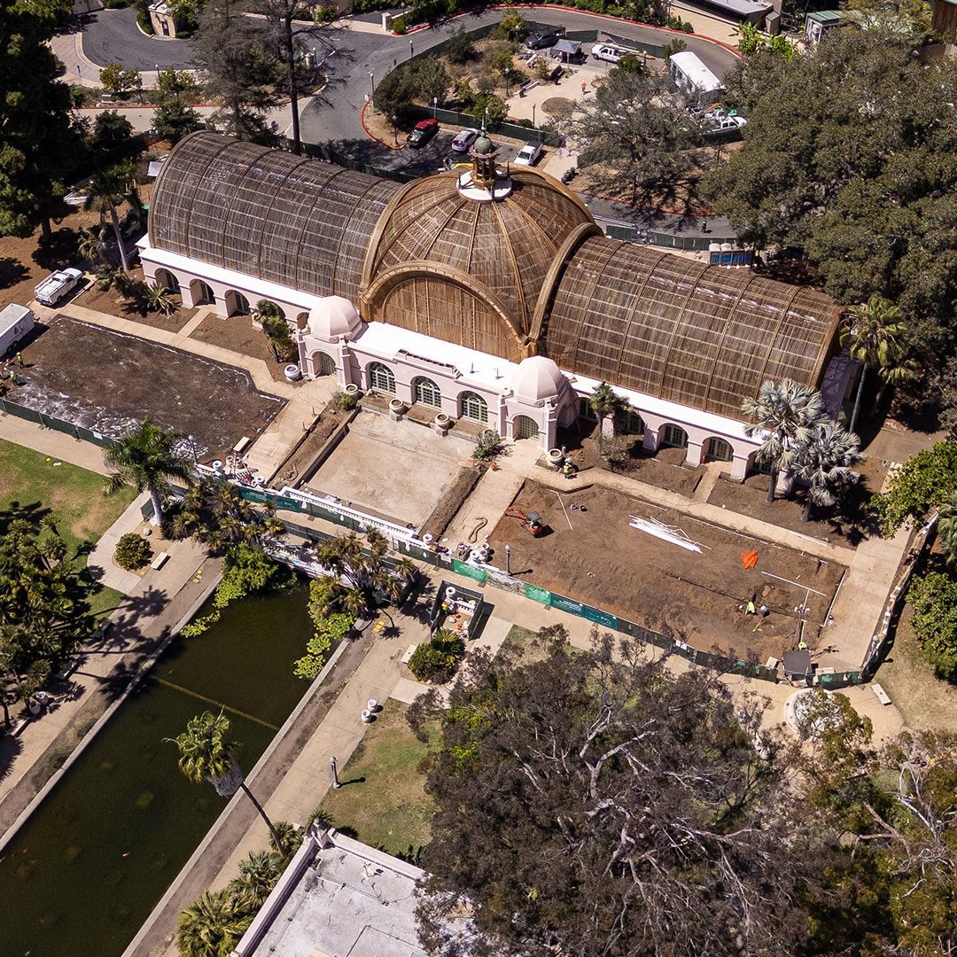 Aerial view of the Botanical Building in Balboa Park, San Diego, featuring its iconic lath dome and reflecting lily pond.