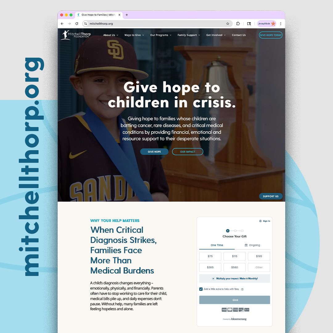 The Mitchell Thorp Foundation website featuring a child in a baseball jersey with the heading 