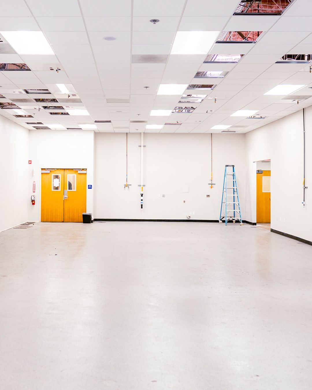 Empty white-walled room with yellow doors, overhead lights, and a blue ladder.