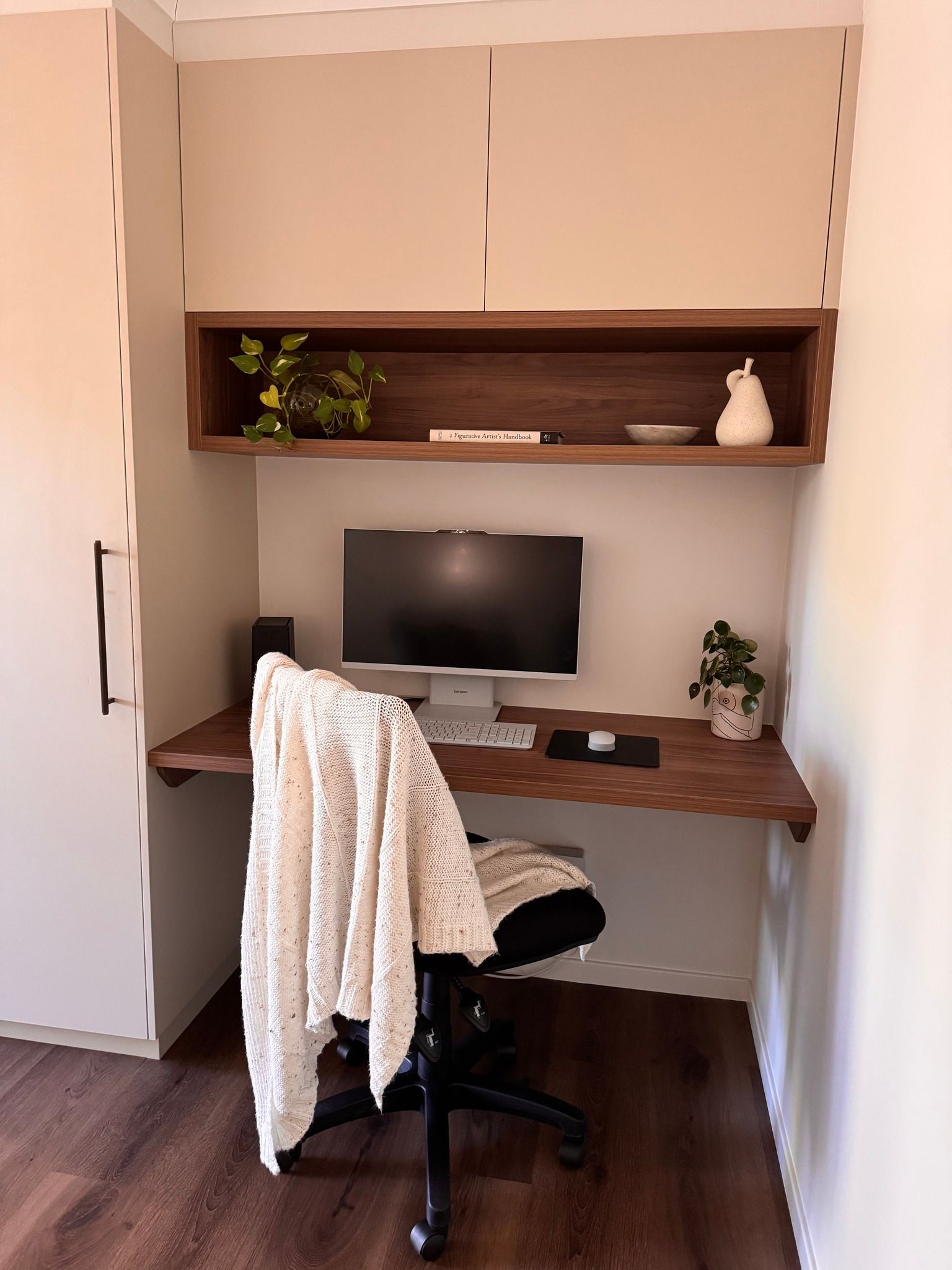 A small office with a desk and chair and a lamp — Concept Kitchens In Port Macquarie, NSW