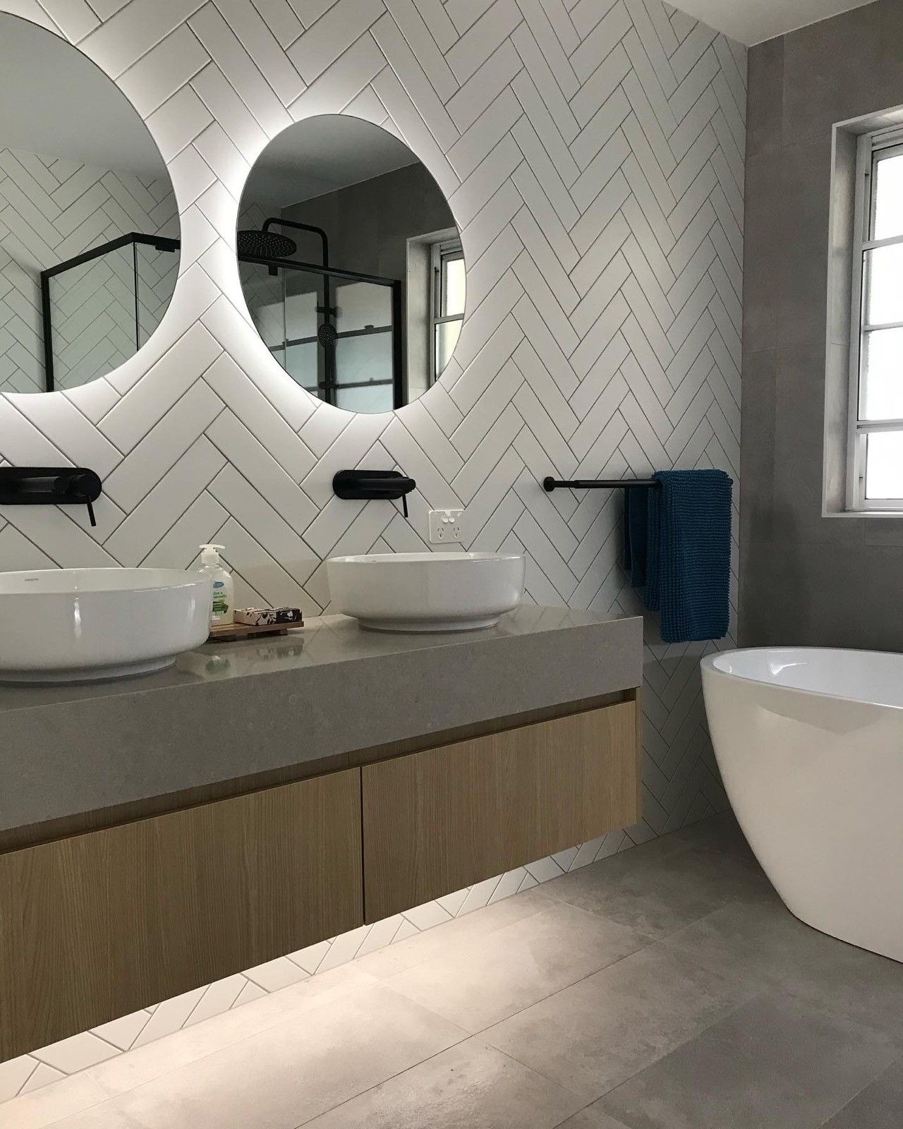 A Bathroom With Two Sinks and a Large Mirror — Concept Kitchens In Port Macquarie, NSW