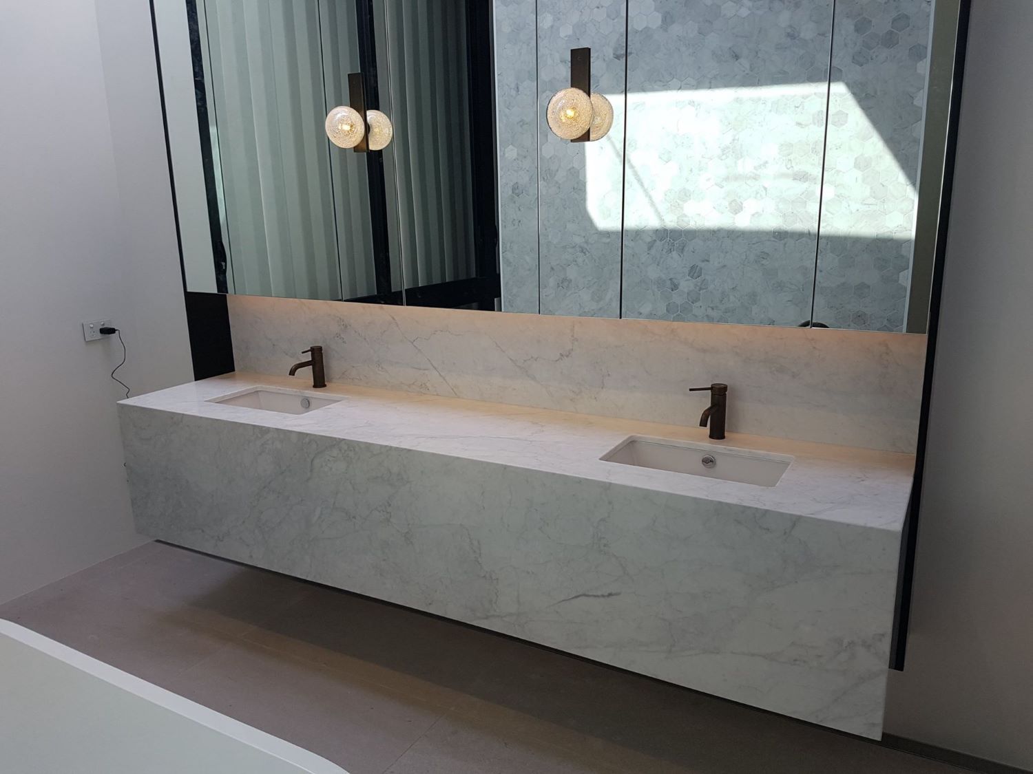 A Bathroom With Two Sinks and a Large Mirror — Concept Kitchens In Port Macquarie, NSW