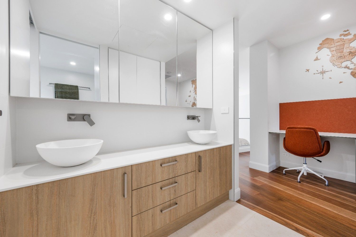 Bathroom with Light Wood Cabinets, Two White Sinks — Concept Kitchens In Port Macquarie, NSW