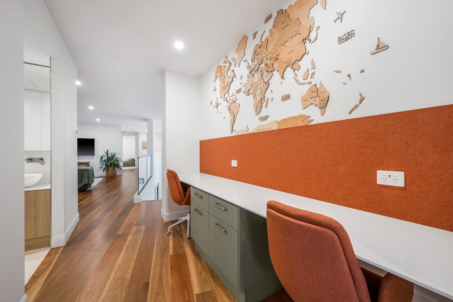 Long, Modern Home Office with World Map and Two Orange Chairs — Concept Kitchens In Port Macquarie, NSW
