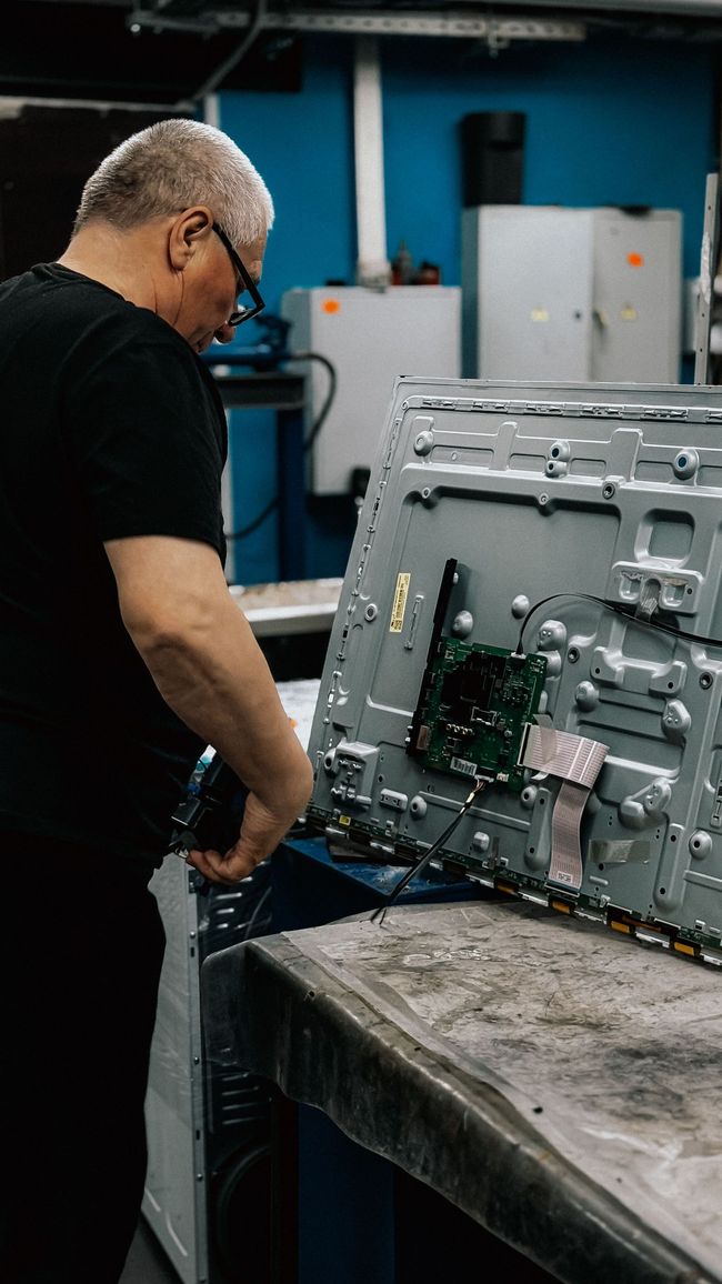 Technician inspecting the back of a large flat-screen TV on a workbench in a workshop