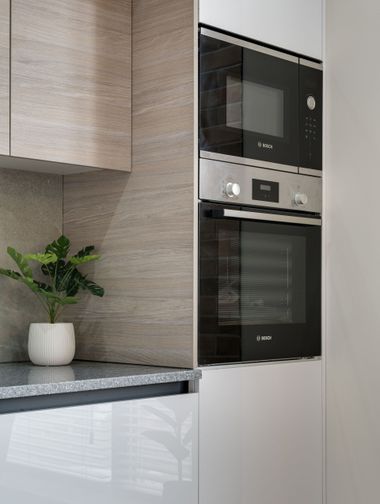 Modern kitchen with built-in oven, microwave, white cabinets, and a small potted plant on the counter