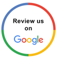 Circle graphic encouraging Google reviews. Text says