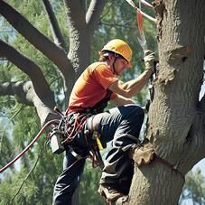 A man is climbing a tree with a machete.