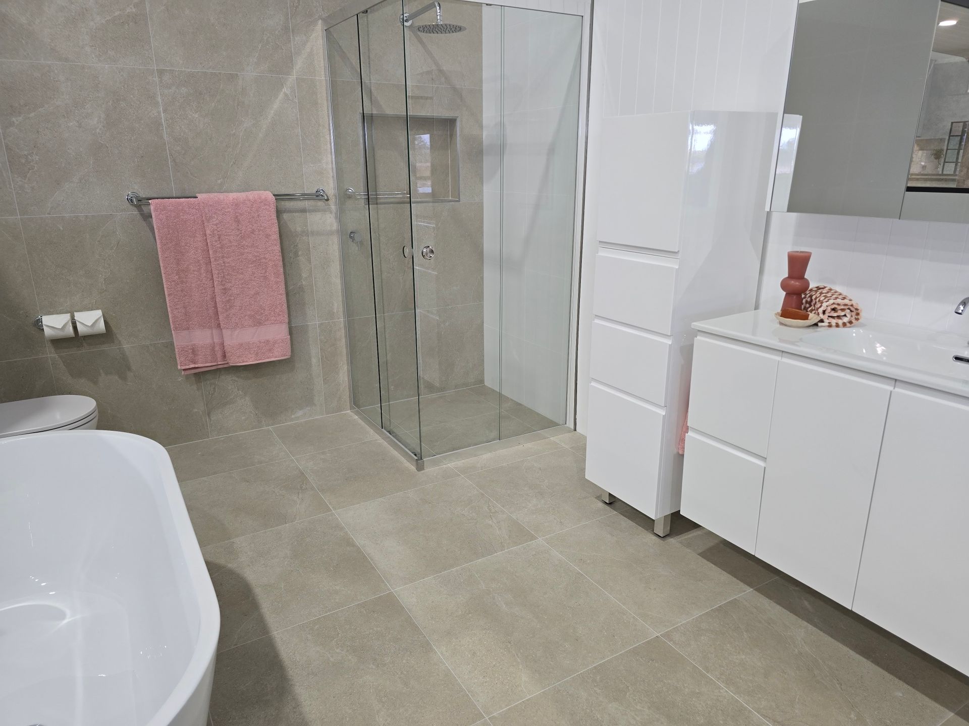 Modern Bathroom with Glass Shower, White Vanity, Bathtub — Mid Coast Tile Co in Taree, NSW