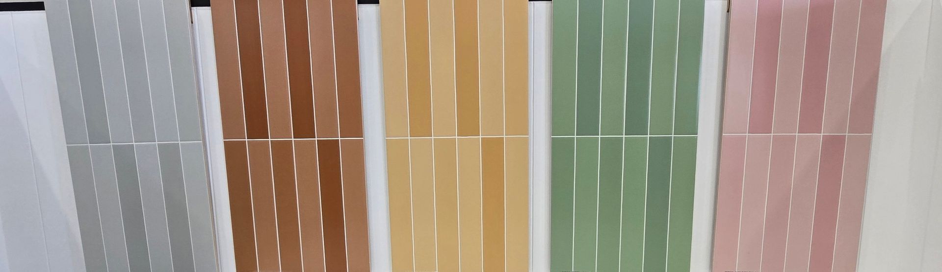 Rows of Colorful Vertical Striped Fabric or Wallpaper Samples in Gray, Brown, Yellow, Green — Mid Coast Tile Co in Taree, NSW