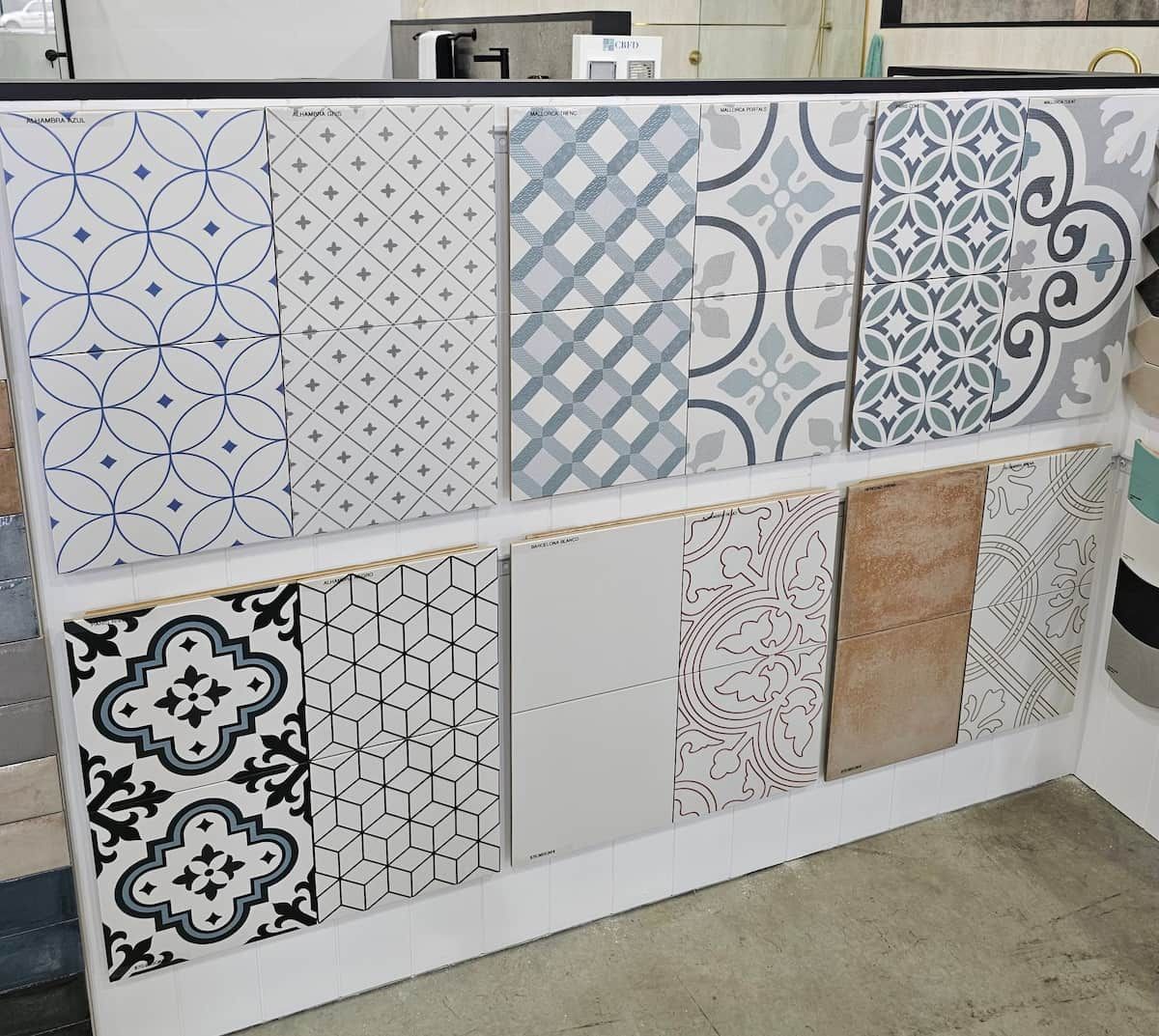 Tile Display Board With Assorted Decorative Ceramic Patterns — Mid Coast Tile Co in Forster, NSW