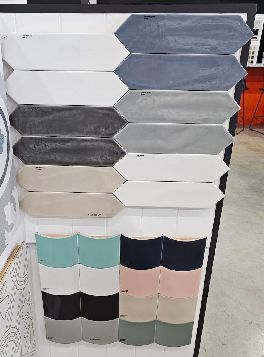 Stacked Sample Boards With White, Gray, Black, Teal, Navy Pink — Mid Coast Tile Co in Forster, NSW