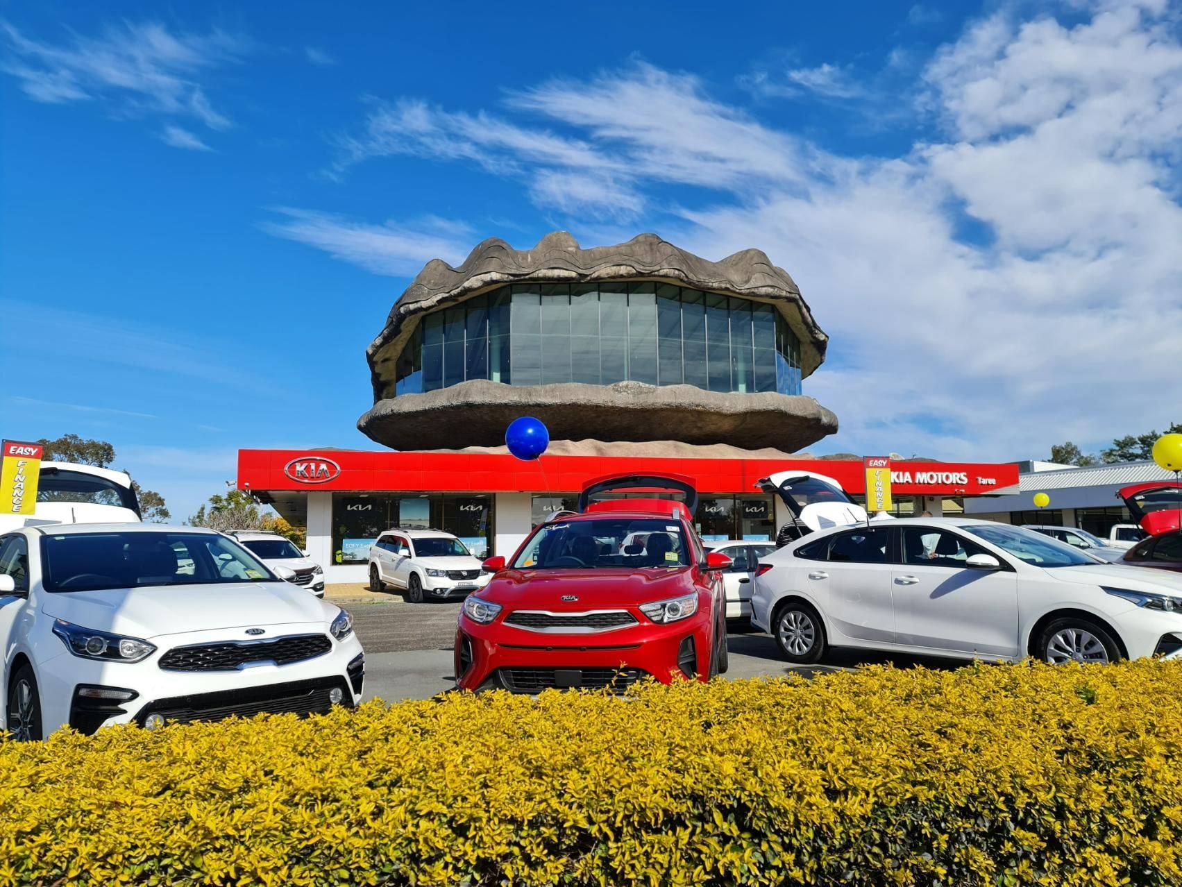 Red, White, and Gray Cars Displayed in Front of A Round Glass Building Under a Blue Sky — Mid Coast Tile Co in Cundletown, NSW