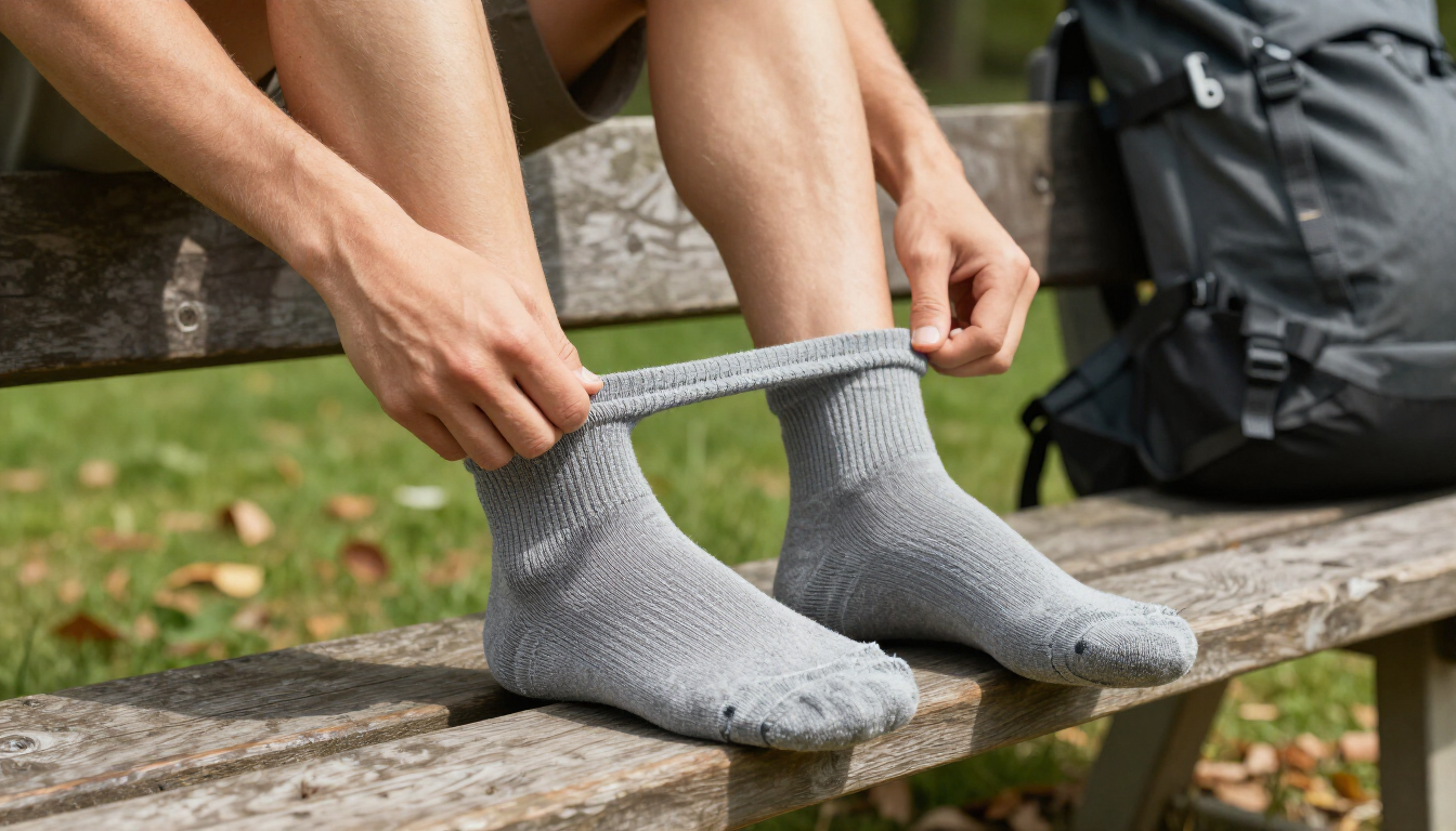 photorealistic close up of a hiker changing into moisture wicking socks on a park bench sunny day high detail