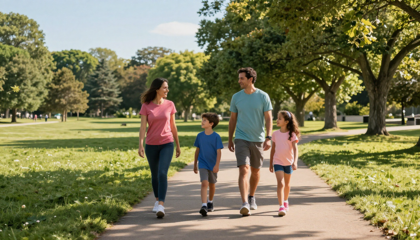 photorealistic wide shot of a family walking together on a sunny park trail wearing appropriate athletic shoes high quality