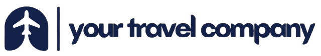 Blue travel company logo with white airplane icon and text on a light background