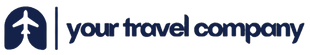 Blue travel company logo with white airplane icon and text on a light background