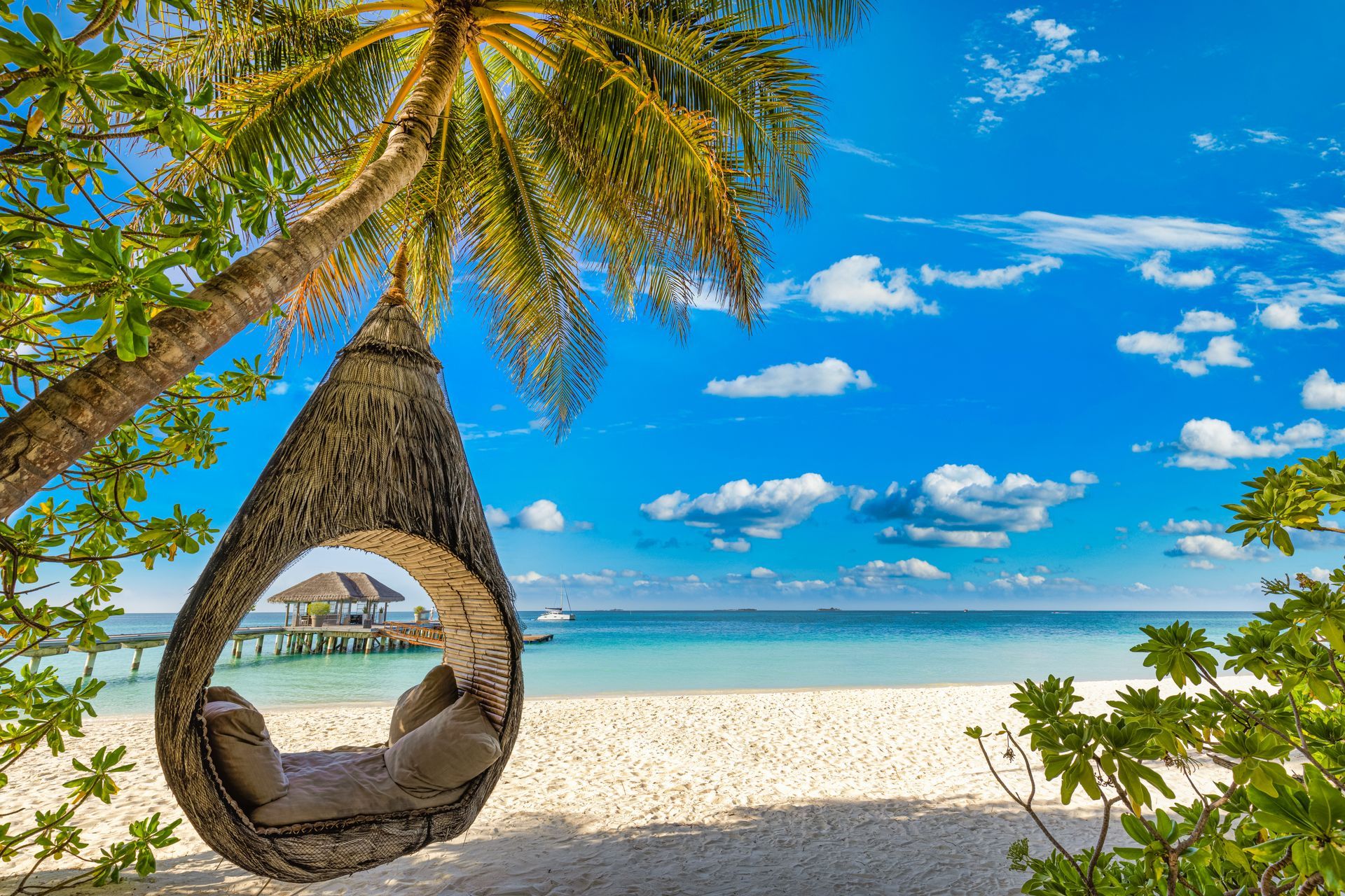 Tropical beach with a hanging egg chair under palm trees, turquoise water, and blue sky with clouds