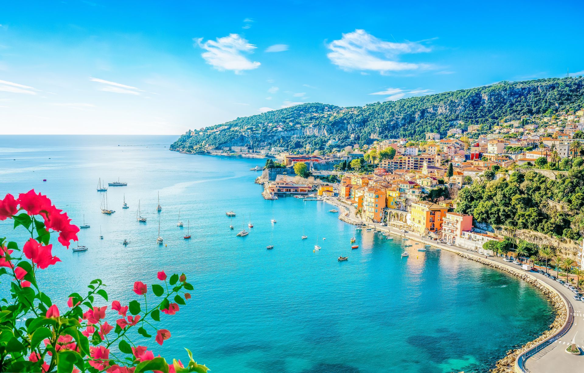 Colorful seaside town with turquoise water, boats, and pink flowers in the foreground