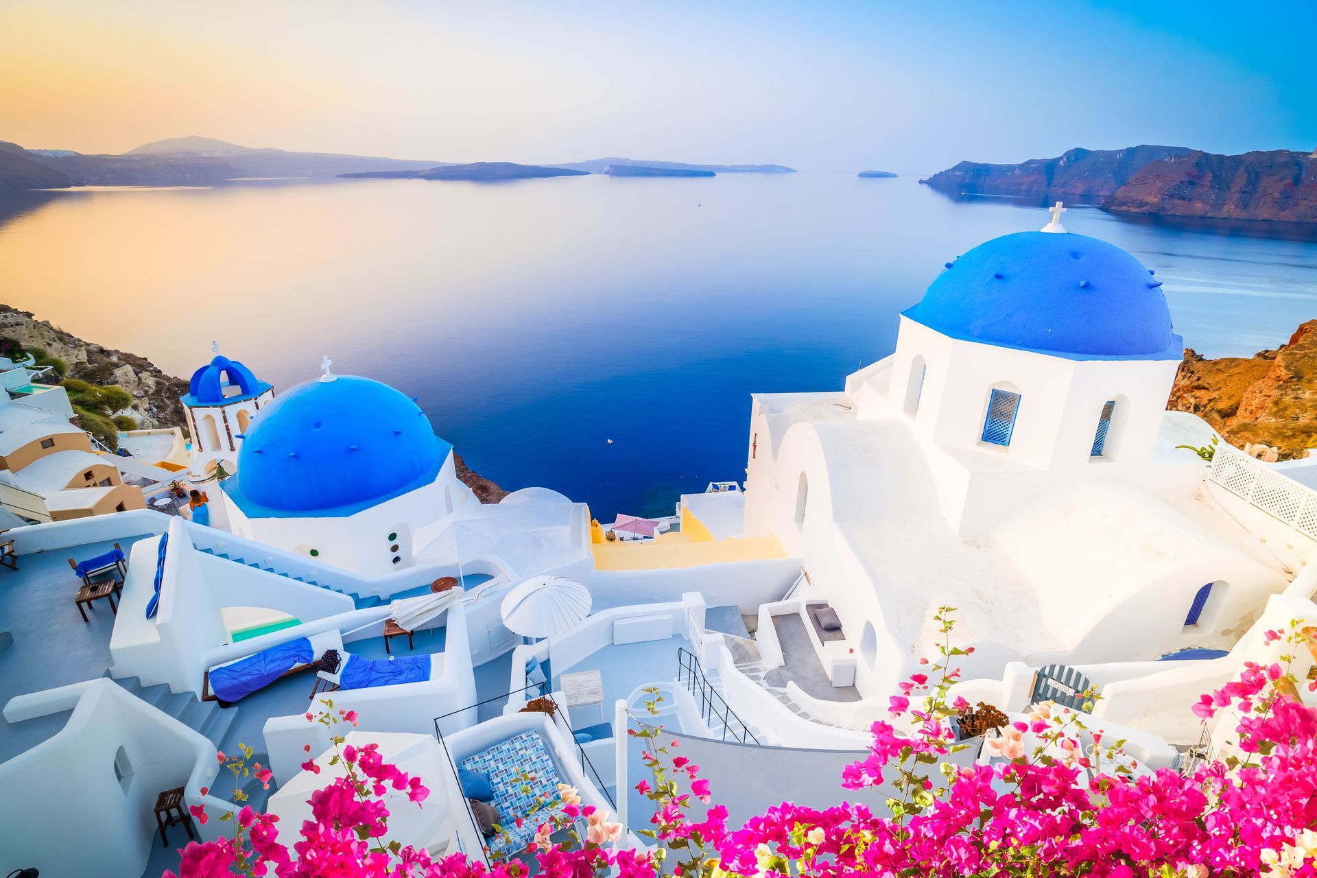 White and blue cliffside buildings overlooking a calm sea at sunset, with pink flowers in the foreground