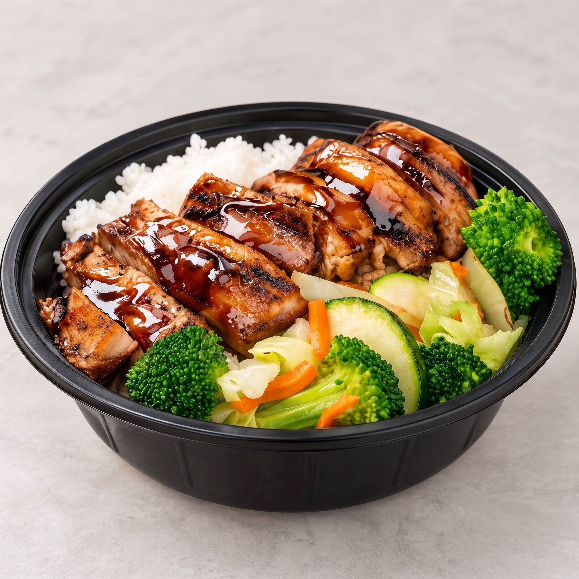 Grilled glazed chicken over rice with broccoli, zucchini, carrots, and cabbage in a black bowl